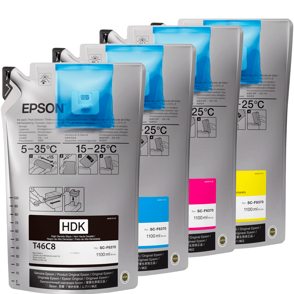 Kit Bag de Tinta Sublimática Epson T46C Magenta, Yellow, Ciano e HDK Black UltraChrome 1100 ml cada F6370 F9470 F9470H